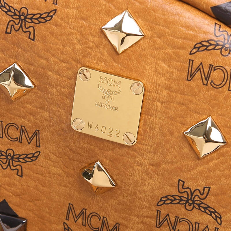 mcm 女士棕色帆布配皮带金属铆钉mcmlogo小号双肩背包 mmk3sve19co001