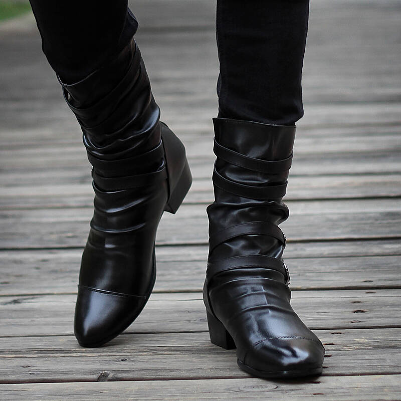 雅煊英伦风新款高筒尖头皮靴舒适保暖鞋个性时尚潮流靴男鞋子 黑色 40