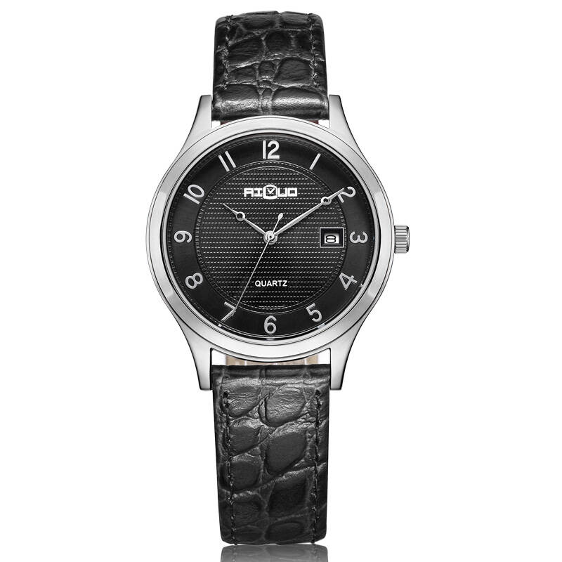 艾诺(ai luo)手表超薄圆形双历皮带石英表女表情侣表7043lh 黑面