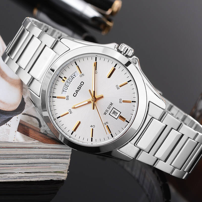 卡西欧casio手表男士腕表商务休闲石英表夜光精钢带男表防水 mtp-1370