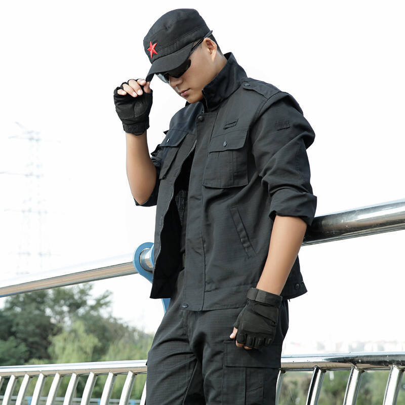 盾郎长袖保安作训服特警服套装男特种兵黑色格子布武警服装 黑色 160