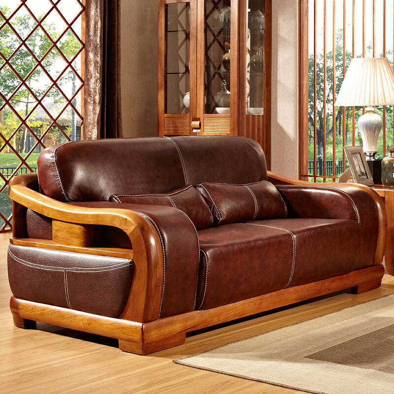 作木坊 实木沙发 实木真皮沙发实木家具客厅组合木质皮沙发胡桃木s211