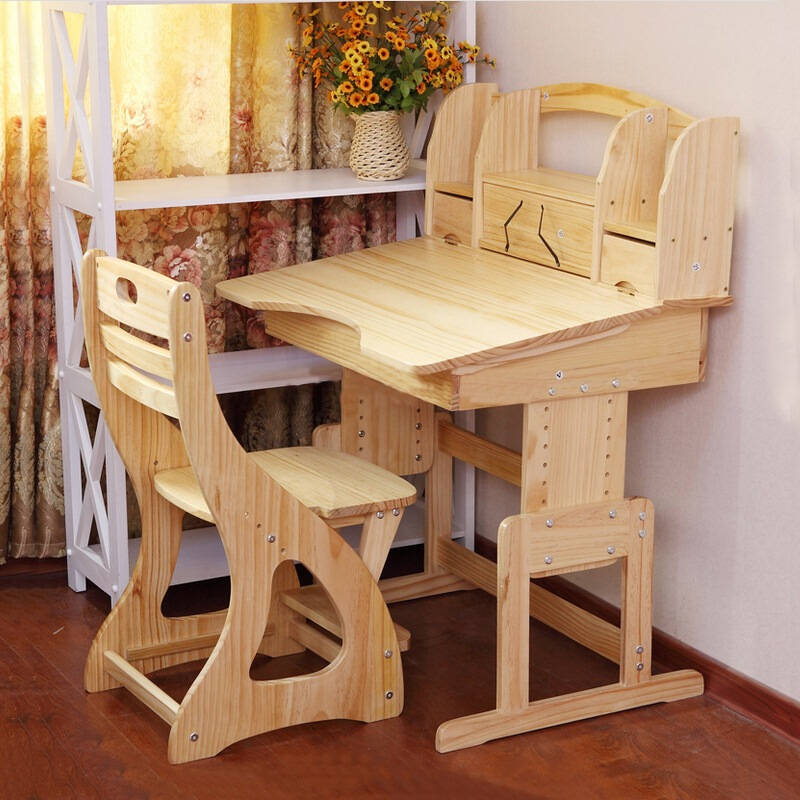 蓝宁儿 可升降实木书桌学习桌椅组合写字台松木学生书桌电脑桌椅os-51