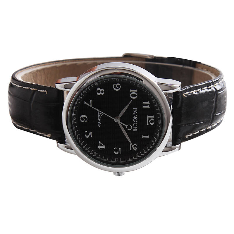 鹏志(pangchi)男表皮表带 清晰大数字刻度进口机芯中老年人手表 女表