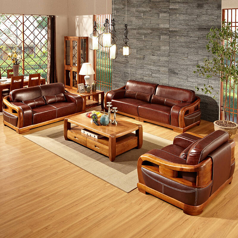作木坊 实木沙发 实木真皮沙发实木家具客厅组合木质皮沙发胡桃木s211