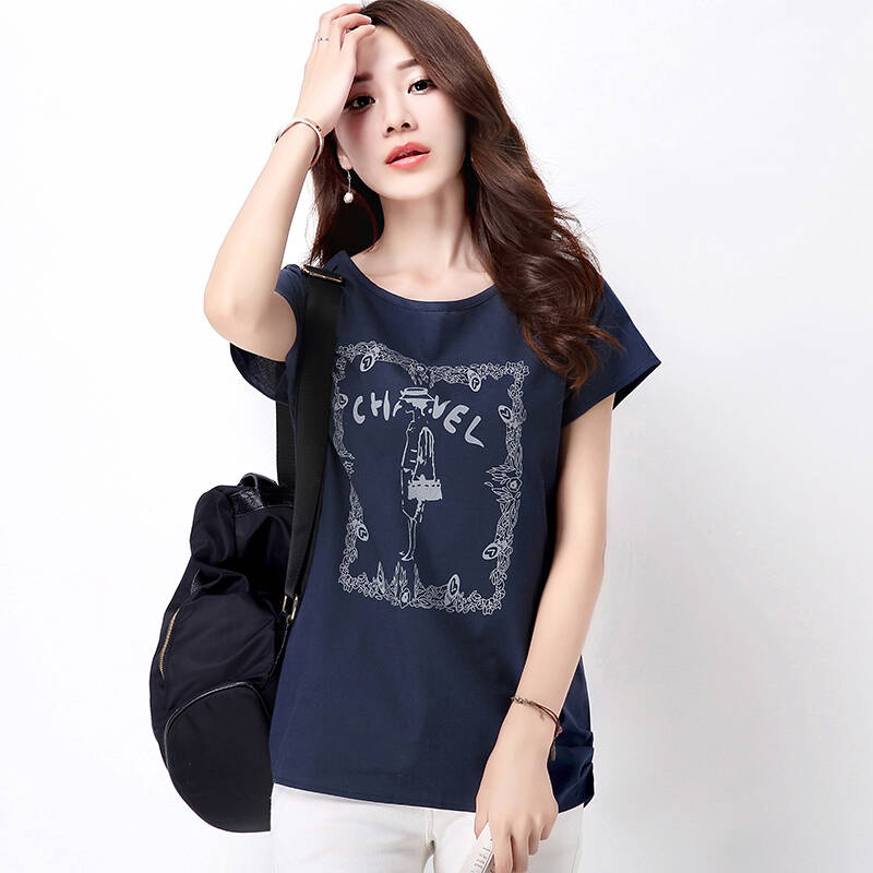 闪购自营 璞衣 亚麻棉麻印花短袖女上衣宽松大码t恤3081 藏青色 xl