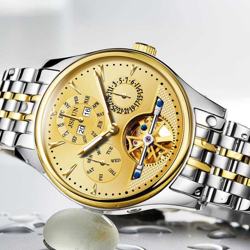 金仕盾(jsdun)男士手表 机械表全自动运动皮带腕表 多功能黄金色光