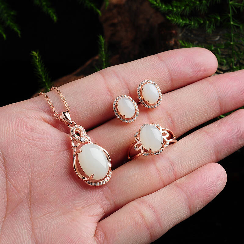 荔尚珠宝和田玉白玉首饰三件套装 银镀玫瑰金镶嵌白玉 abx3283