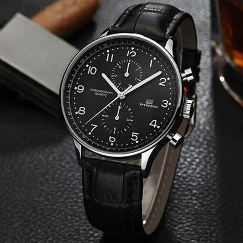 梵歌纳男表多功能五针时尚石英表防水夜光腕表真皮表带男士手表 绿色