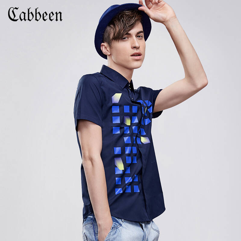 卡宾cabbeen男装短袖休闲衬衫 男士纯棉修身简约印花衬衣b/3152111035