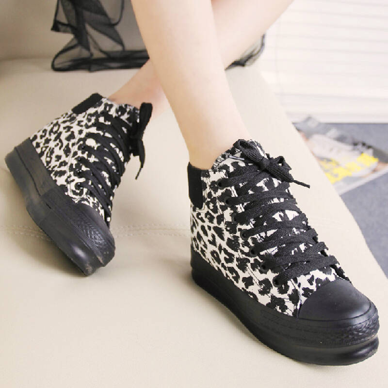 2014秋季新款 韩版潮豹纹 内增高帆布鞋女鞋 学生布鞋 白豹纹 39
