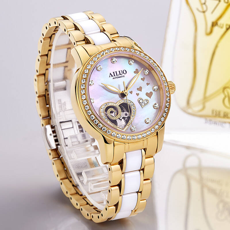 艾诺(ailuo)手表 女士钢带陶瓷系列机械女表 6073-1