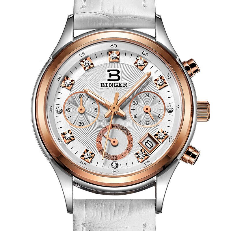 宾格(binger)手表石英表情侣表精钢皮带商务对表防水 清风系列 间金皮
