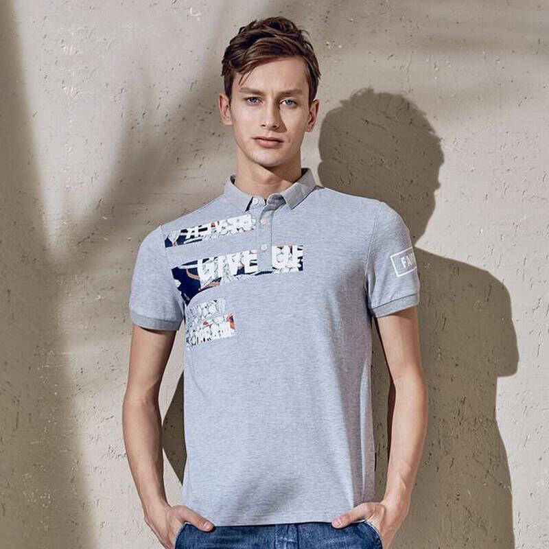 马克华菲 fairwhale 7162217093 个性贴布印花翻领短袖t恤 浅灰色l