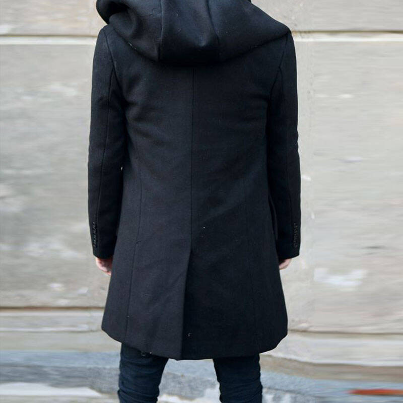 丹杰仕 男士韩版修身连帽风衣男款秋冬季纯色休闲大衣1703 f08-黑色