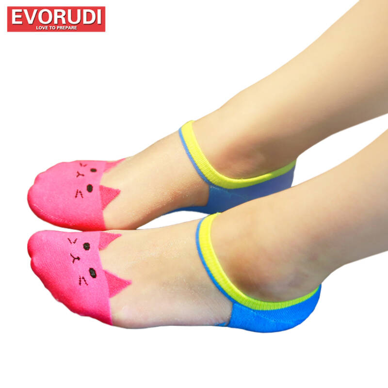 evorudi 5双装 玻璃丝猫咪 透明水晶袜 软妹彩色透明水晶丝袜玻璃短