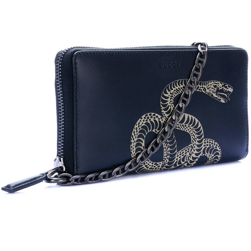 gucci 古驰 男士黑色小牛皮蛇图案长款拉链钱包 406658 cwlhr 1058