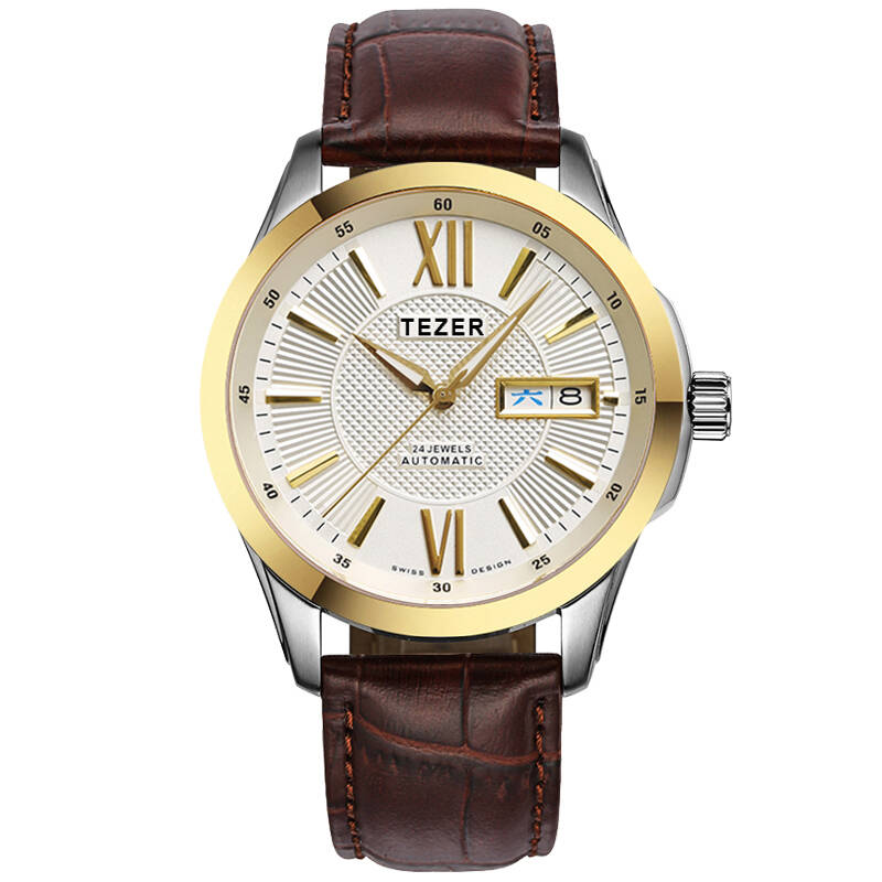 天时(tezer)手表 男士手表瑞士品牌男表机械表t9016g 白面间金罗马棕