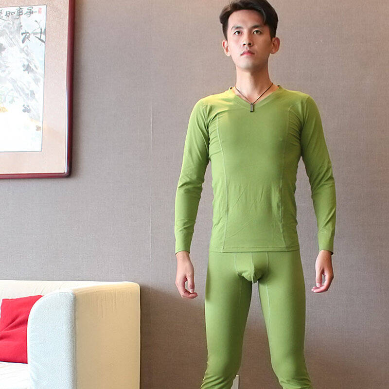 秋衣秋裤 男薄款基础保暖秋衣秋裤套装 v领保暖内衣套装 绿色套装 xl