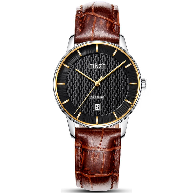 天际(tinze)女士手表 简约油压表盘 日历石英表 真皮表带 超薄防水女
