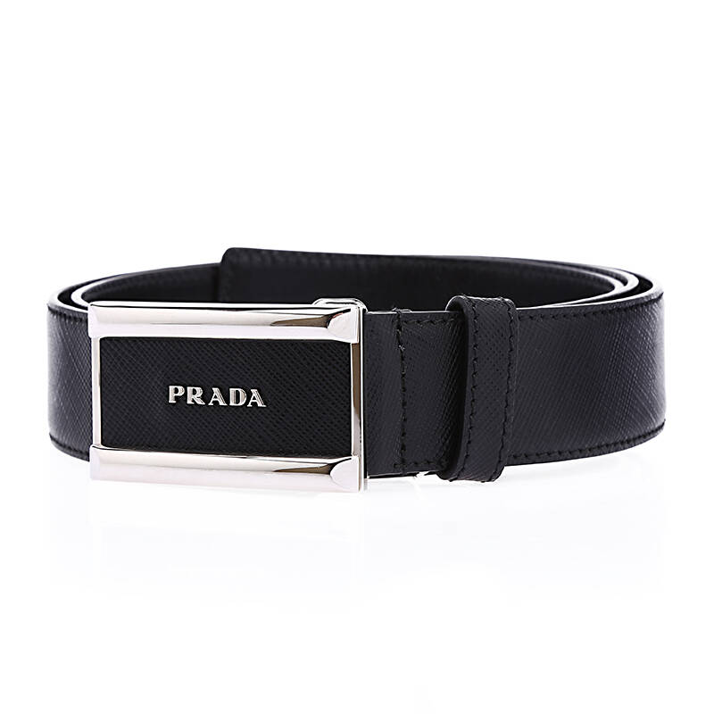 prada/普拉达正面金属logo男士斜纹牛皮革商务休闲皮带 黑色 105