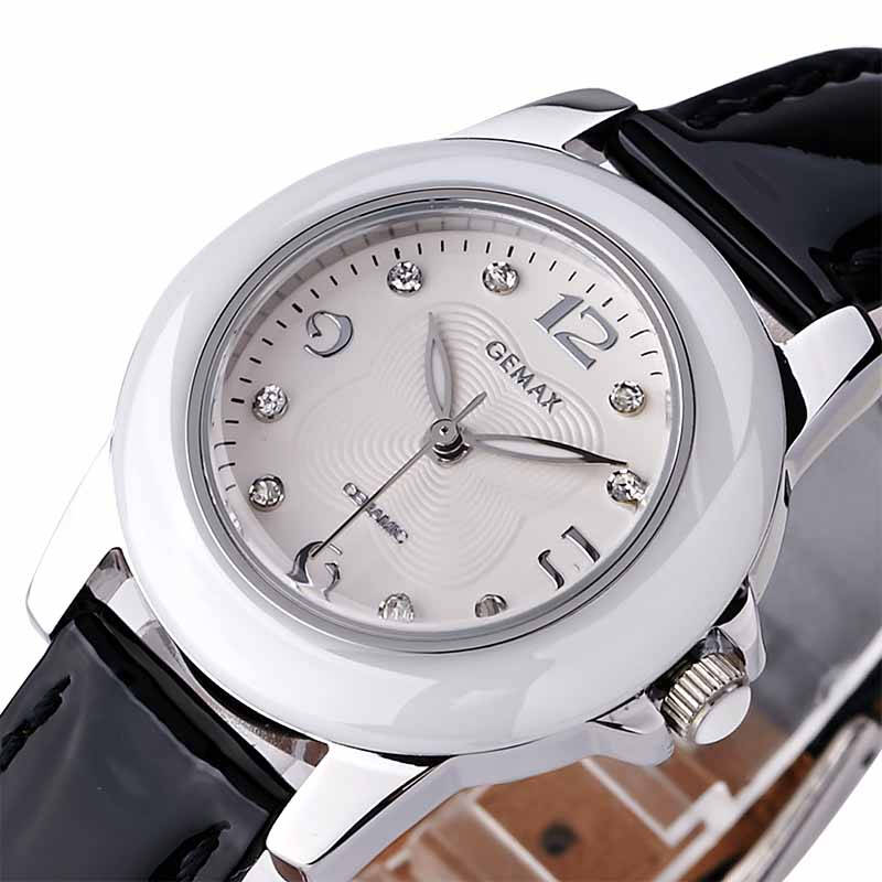 格玛仕(gemax)正品时尚陶瓷手表圆形女士皮带女表真皮防水石英表mx