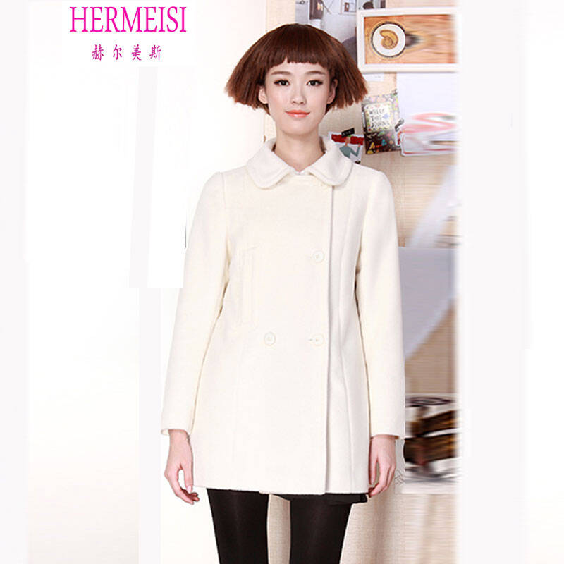 赫尔美斯2014秋冬新款韩版通勤小香风呢子毛呢大衣中长款羊毛毛呢大码