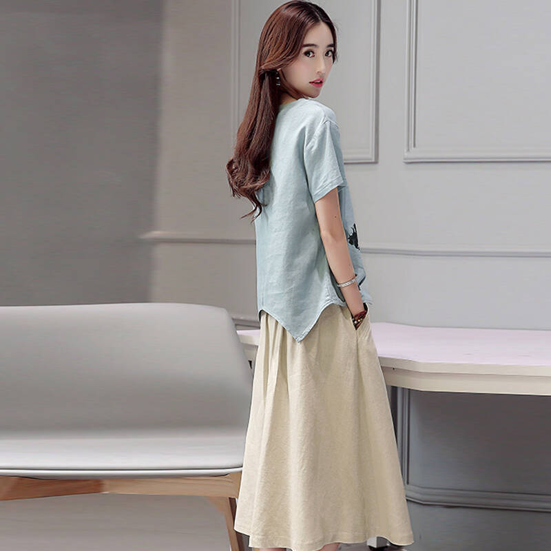 连衣裙短袖水墨印花t恤宽松文艺范半身裙套装g1156浅蓝衣米色裙l码