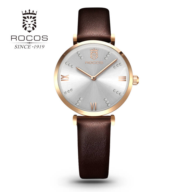 雷克斯(rocos)手表 女时尚超薄女士手表防水皮带石英情侣表 棕色表带