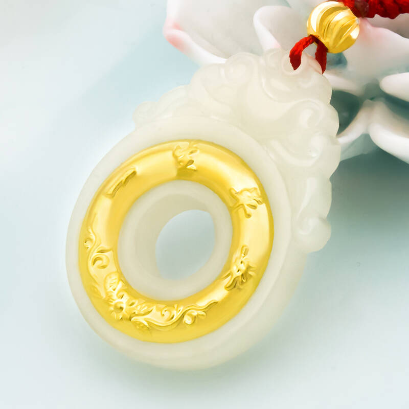 宋玉坊金镶玉吊坠 足金镶嵌和田玉金镶玉平安扣吊坠 附鉴定证书