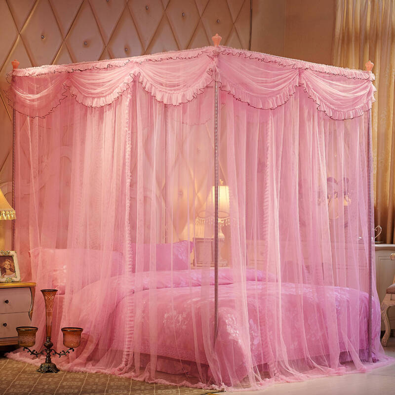 自然美家蚊帐三开门宫廷蚊帐不锈钢落地加粗方顶蚊帐 粉色-32mm特粗