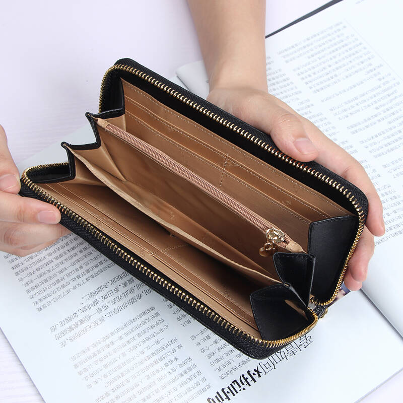 稻草人钱包女长款时尚十字纹牛皮手拿包拉链女士钱包 黑色