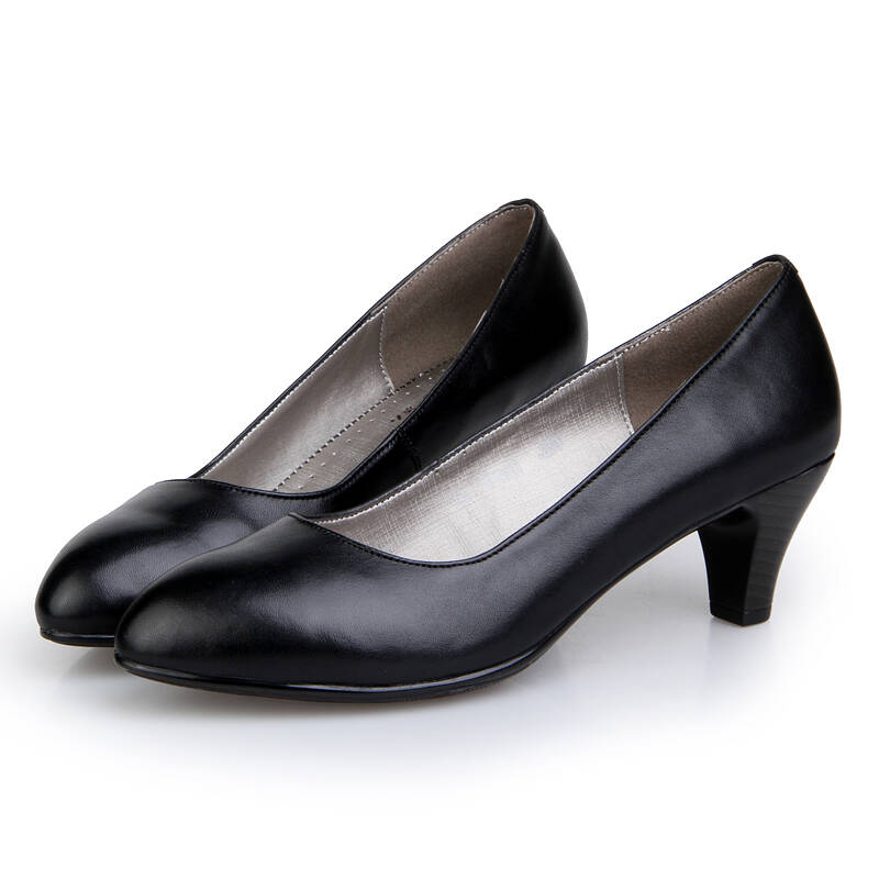 强人时尚真皮透气女单鞋工装鞋ol女鞋中跟牛皮女皮鞋la412225 黑色 35