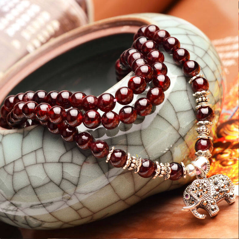 宏图好运 酒红石榴石佛珠手链手串女款饰品大象多层手链项链