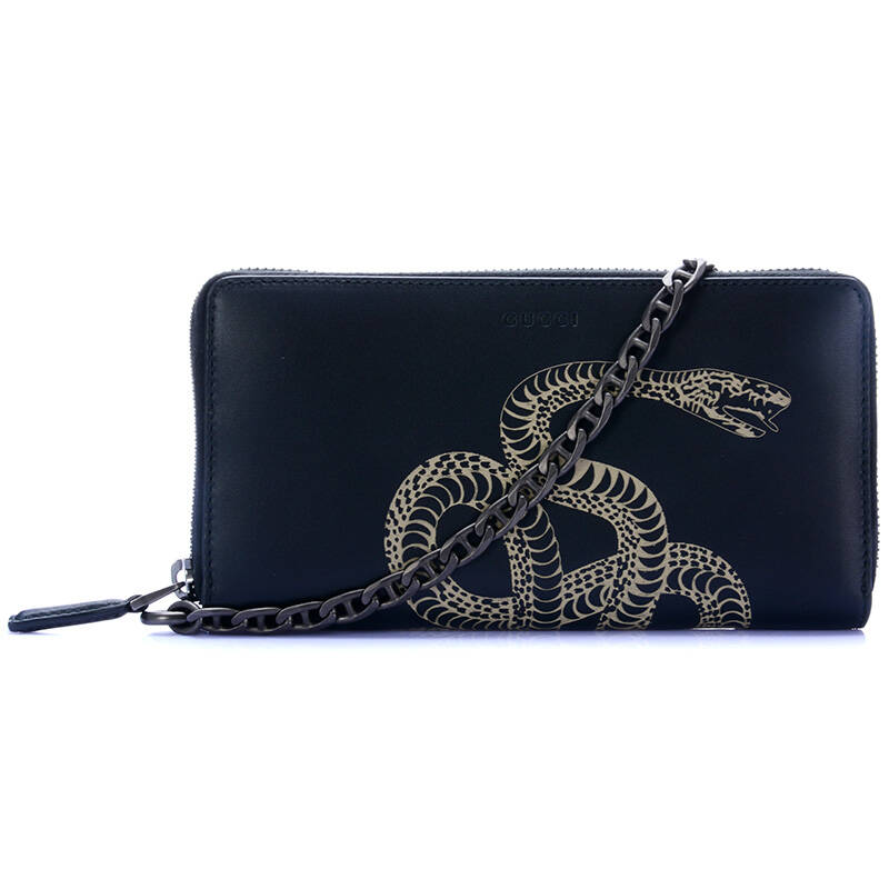 gucci 古驰 男士黑色小牛皮蛇图案长款拉链钱包 406658 cwlhr 1058