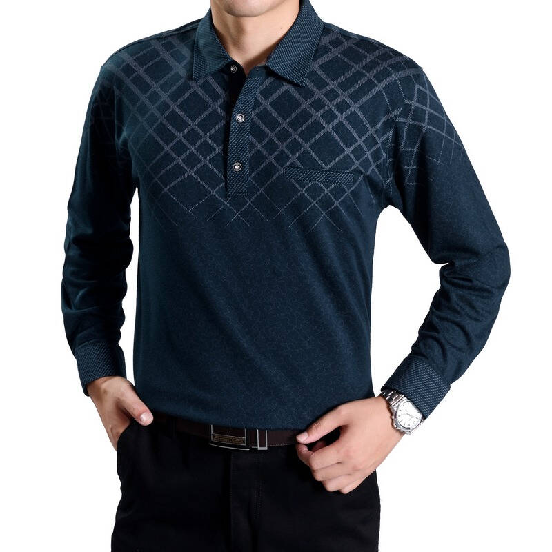 爱立登 新款中年男士长袖t恤中老年针织羊毛t恤衫翻领中老年男装商务