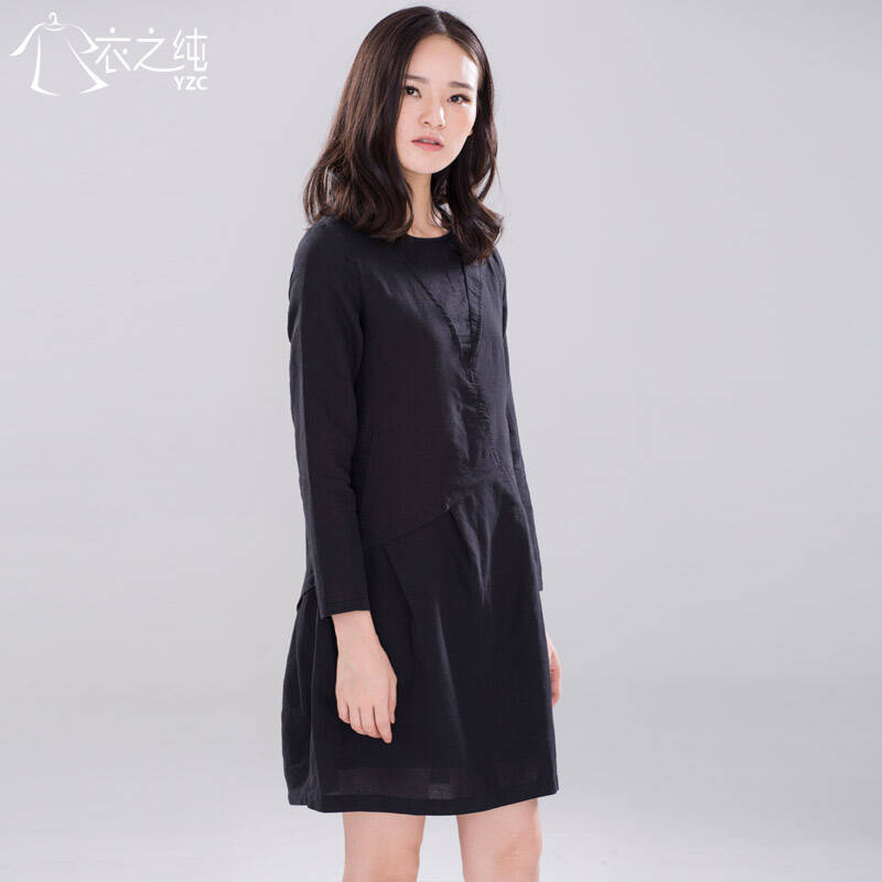 衣之纯 春季不规则棉麻长袖连衣裙 黑色 s - 京东触屏版