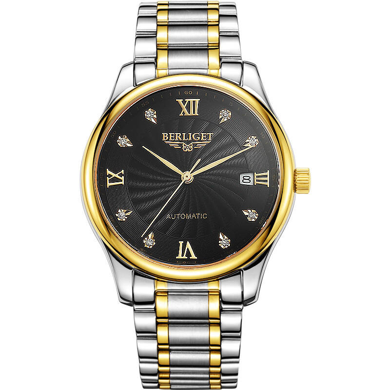 宝丽爵(berliget)瑞士防水全自动机械男士精钢钢带蝴蝶扣日历男表商务
