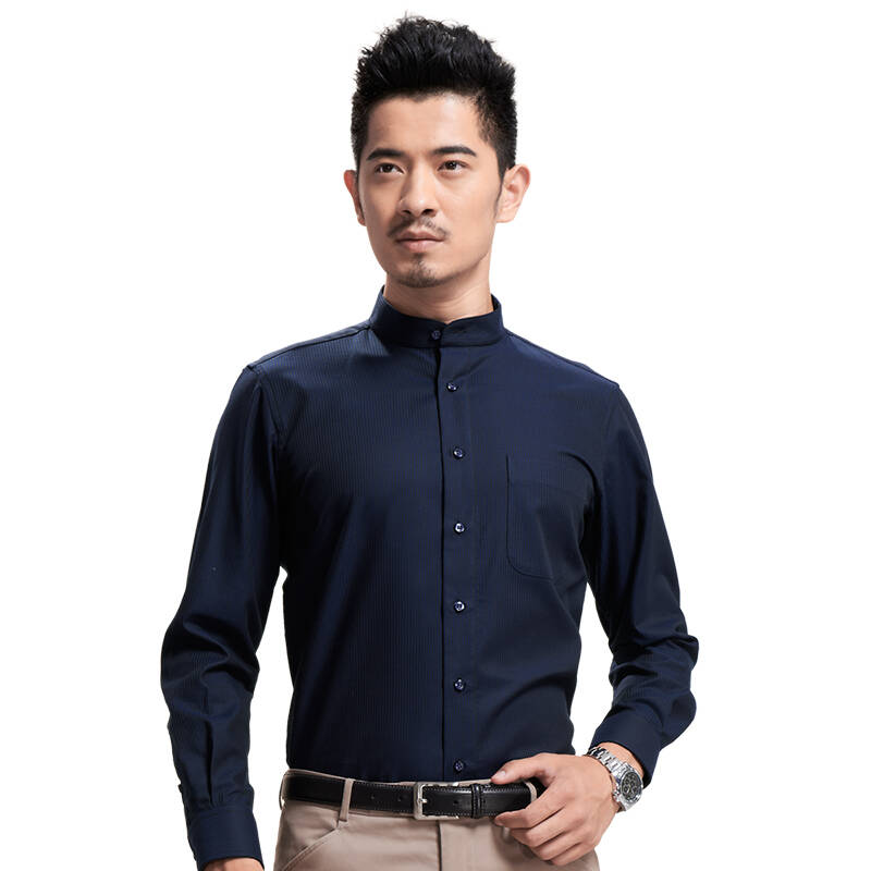 蓝河blue river 男士中华立领衬衫 男款长袖商务条纹小圆领纯棉衬衣