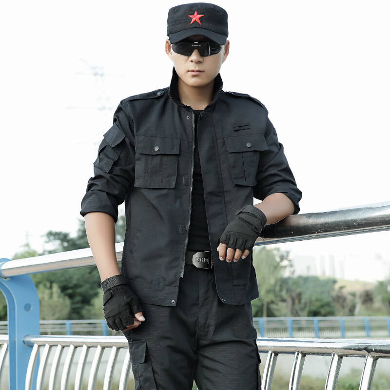 盾郎长袖保安作训服特警服套装男特种兵黑色格子布武警服装 黑色 160