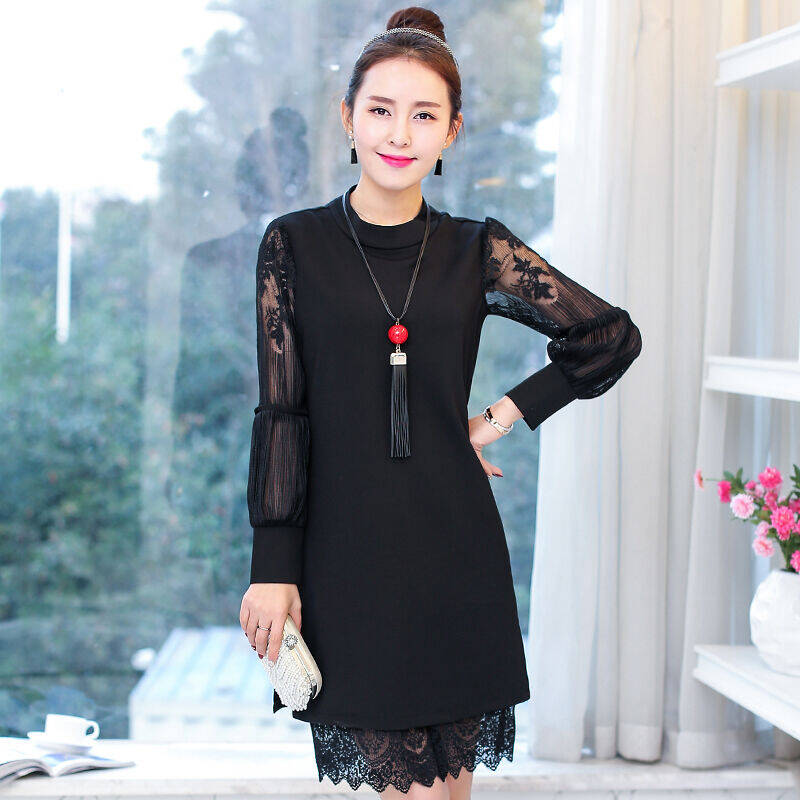 萱伊娜 xuanyina 2016春秋长袖蕾丝镂空连衣裙秋季韩版女装修身显瘦女