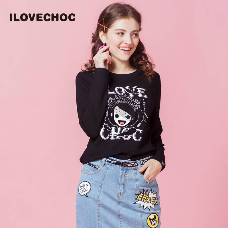 ilovechoc我爱巧克力 2016秋季新款 镶钻纱植绒皇冠女孩头长袖t恤