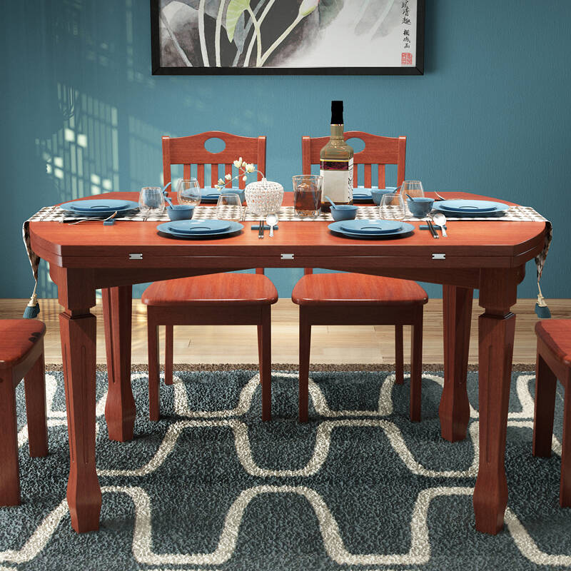 丽巢餐桌 实木餐桌椅组合小户型可伸缩折叠餐桌餐椅套装 海棠色 一桌
