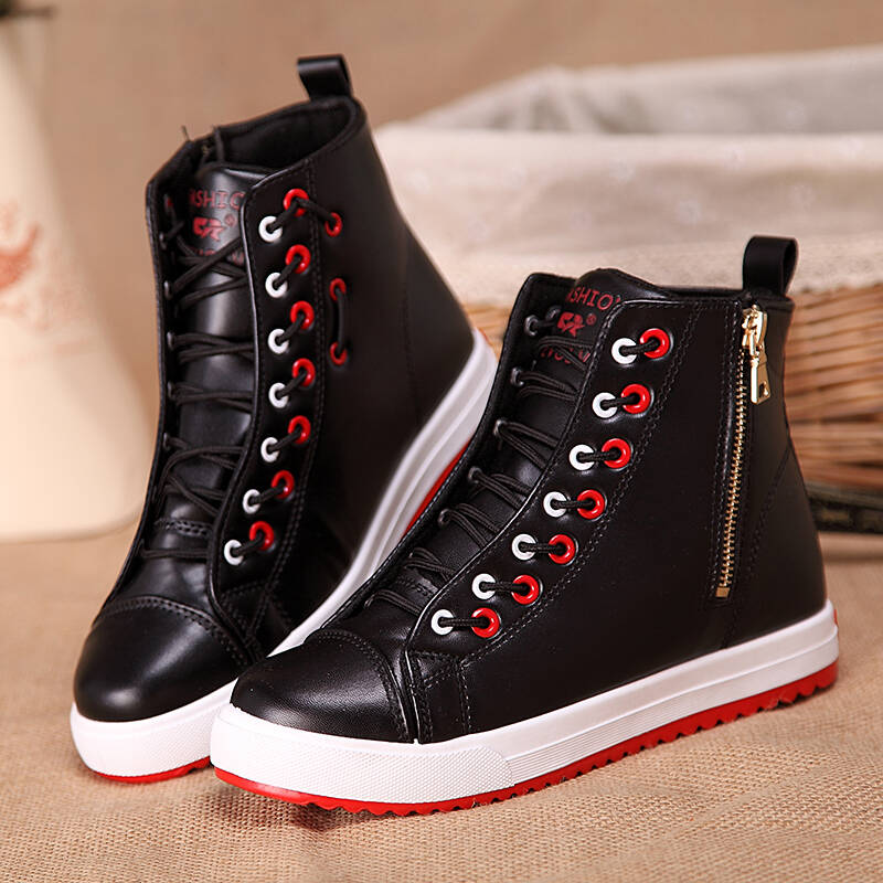 高帮鞋新款秋季侧拉链女板鞋女韩版内增高平跟松糕布鞋高帮学院风罗马