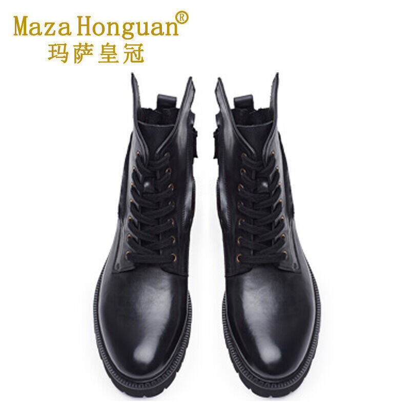 玛萨皇冠男靴皮靴棉鞋短靴马丁靴头层牛皮军靴 黑色皮里- 40