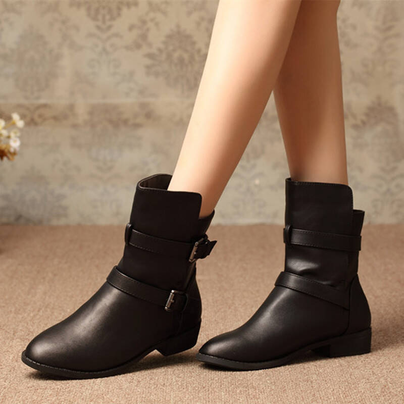 女鞋短靴真皮粗跟单靴潮女式厚底靴子短靴 黑色绒里 37 - 京东触屏版