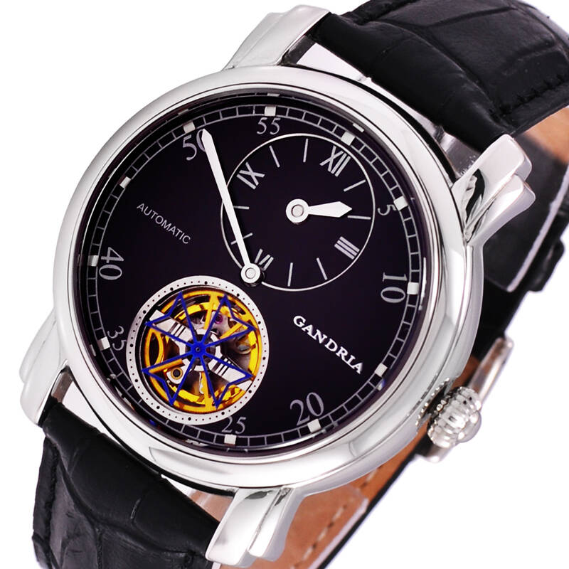瑞亚(gandria)男士全自动机械表 镂空蓝宝石钢带男表gd6015 陀轮黑面