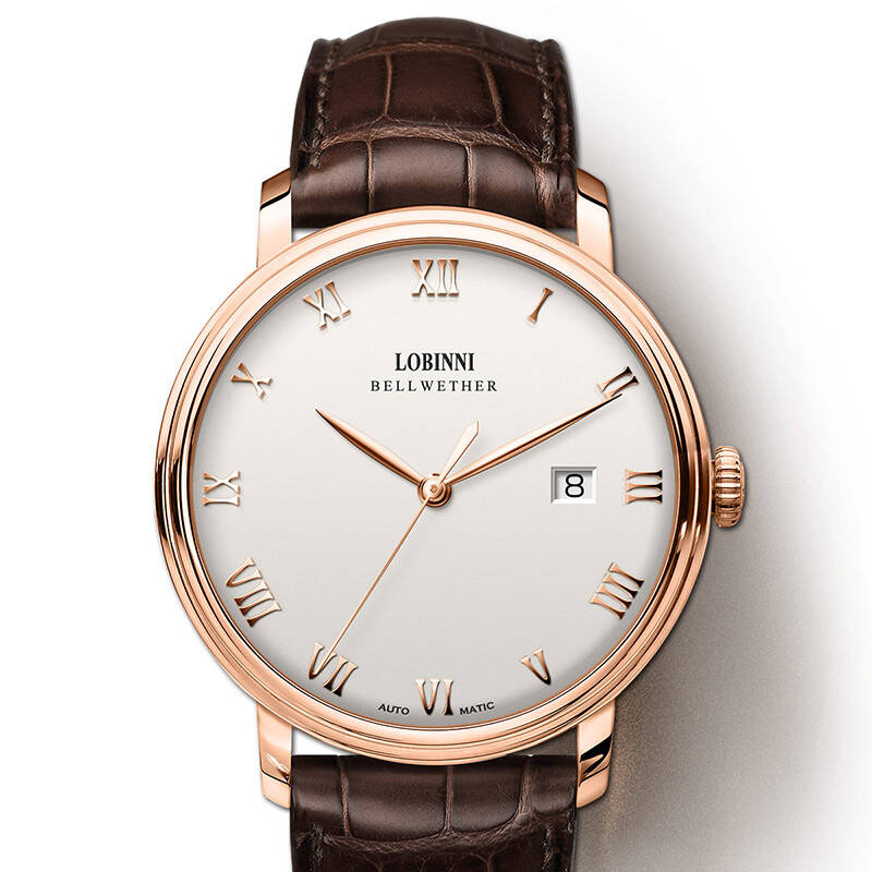 罗宾尼(lobinni) 男士商务皮带手表 防水全自动机械男表 12033 红金玉