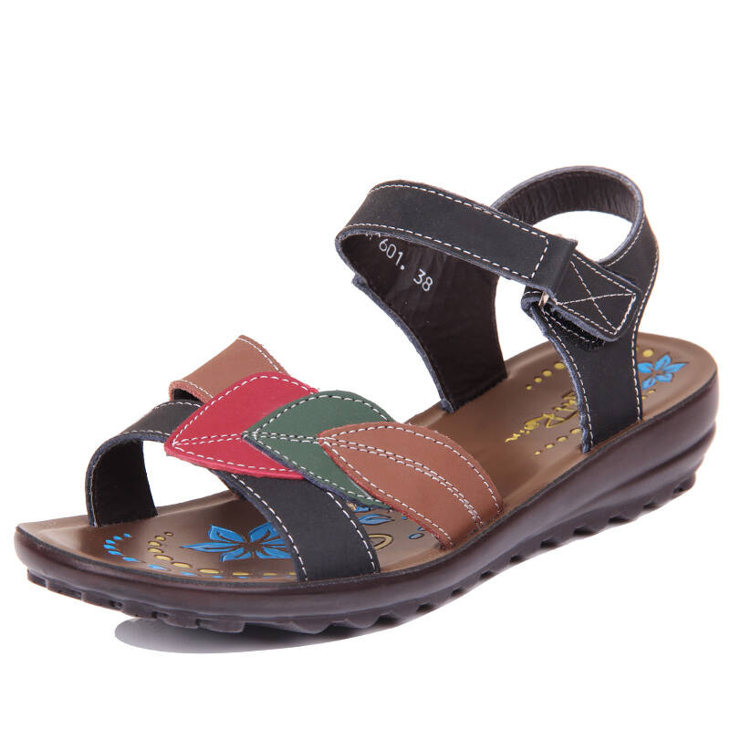 夜雨2016夏季妈妈凉鞋真皮软底中老年女鞋粗跟中跟魔术贴防滑女中年皮