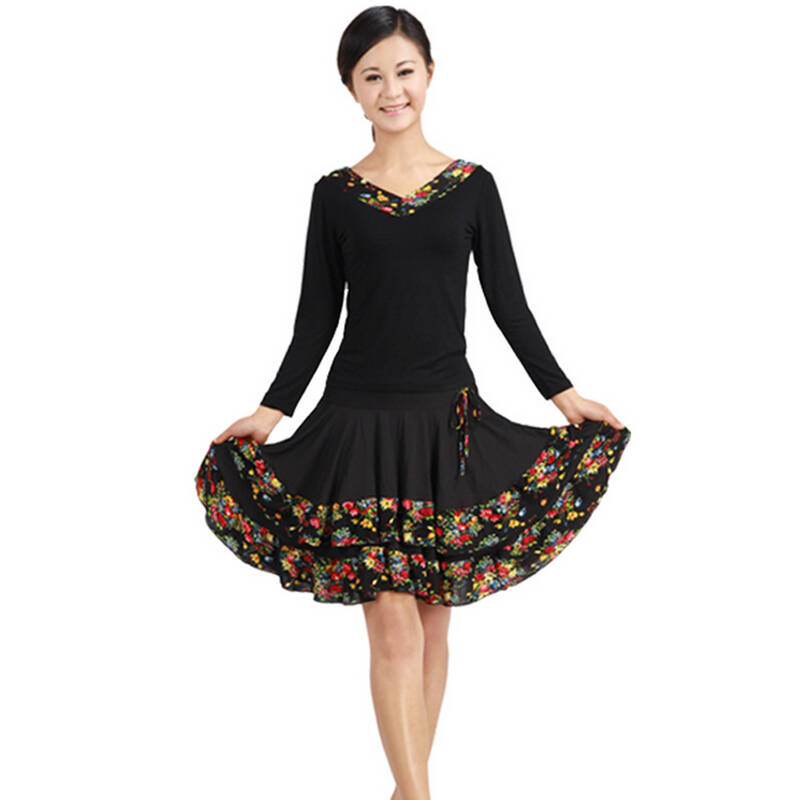 中老年云裳广场舞服装套装夏秋长袖碎花跳舞裙子交谊舞大摆裙 l